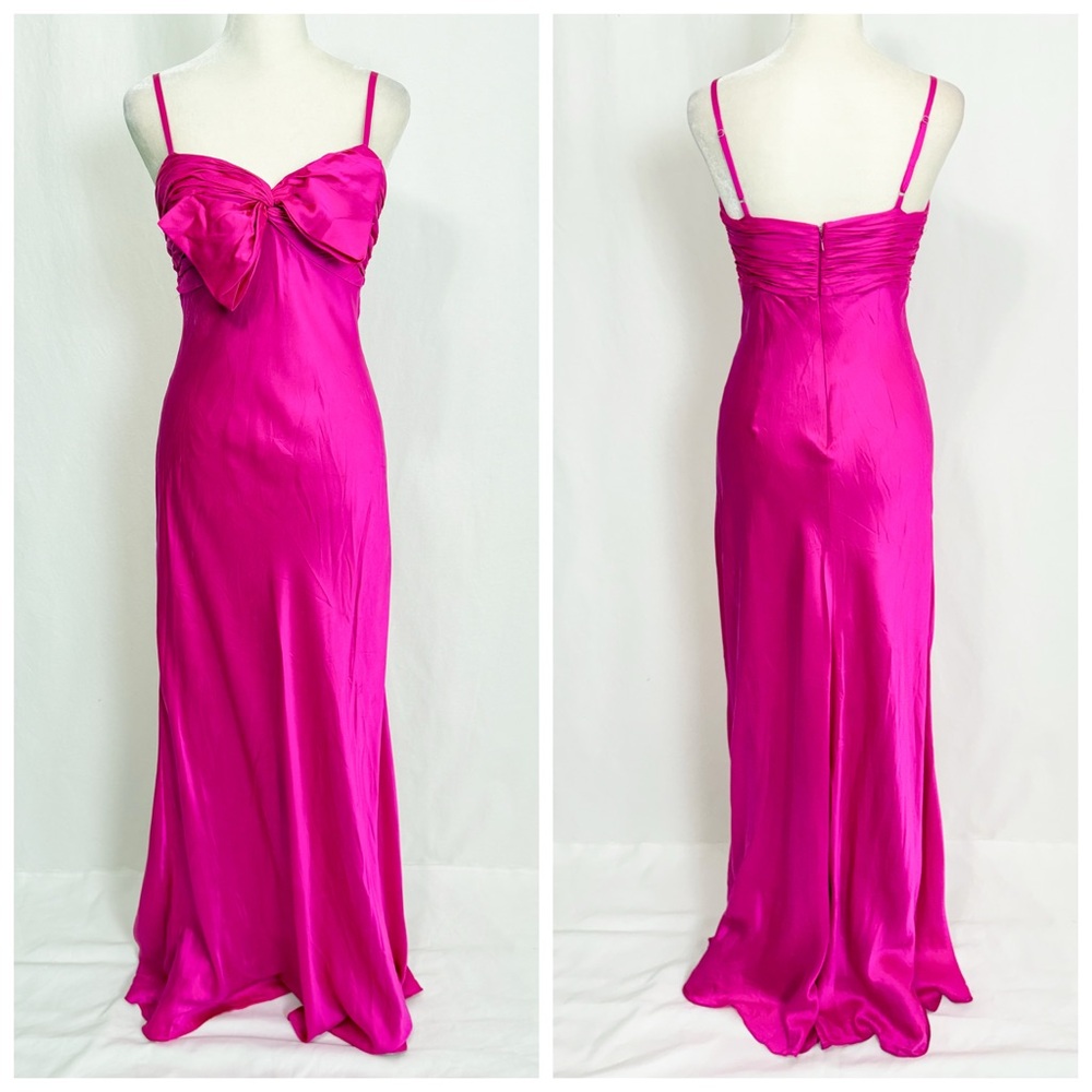 Vintage Y2K Hot Pink 100% Silk Prom Dress with Bow